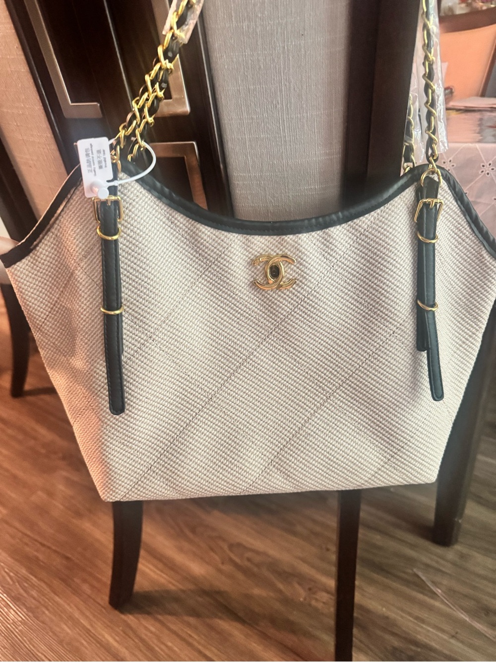 Cream and Black Quilted Chain-Handle Shoulder Bag